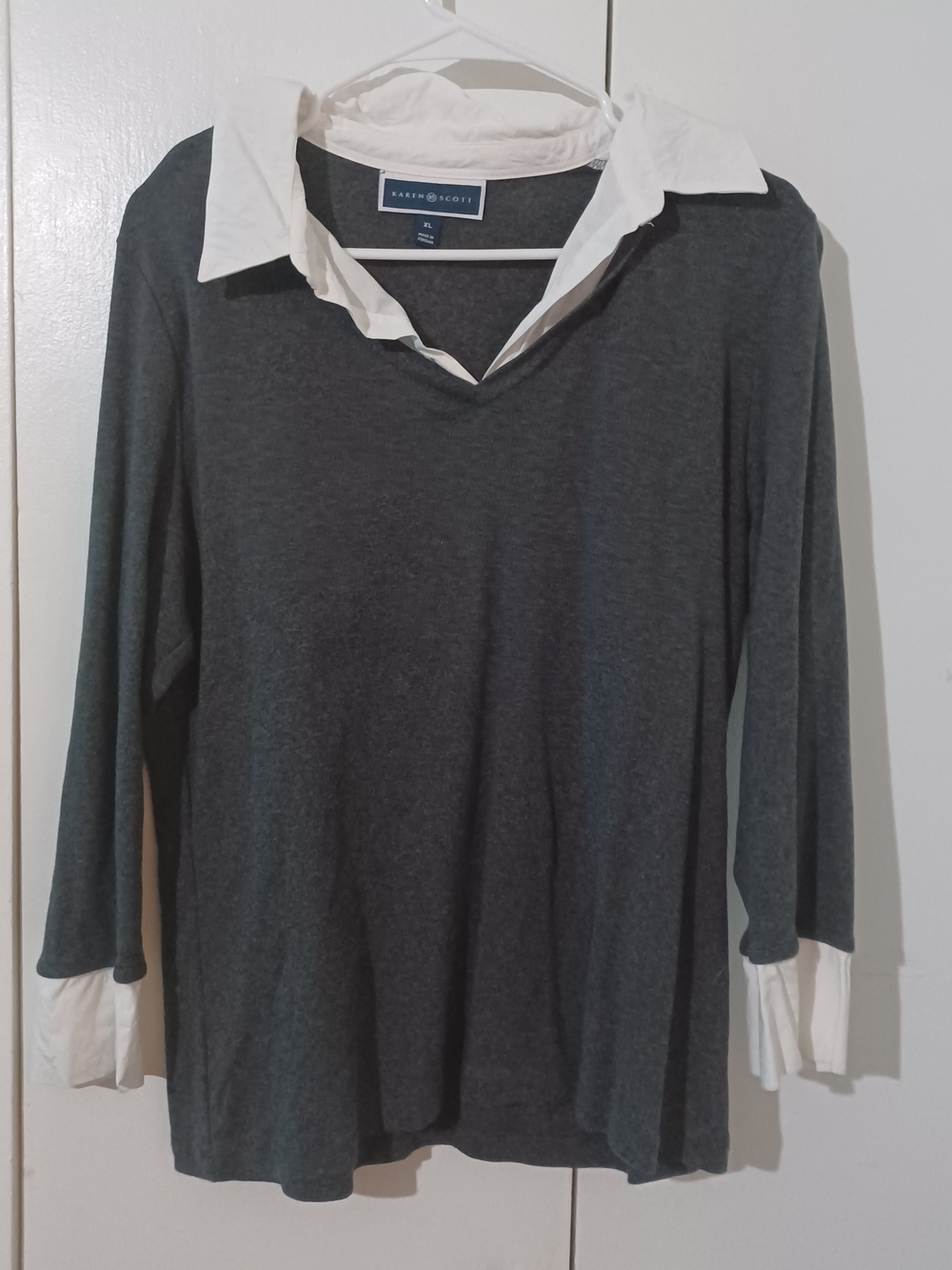 Karen Scott Dark Charcoal Gray Layered-Look Collared Top with White Trim